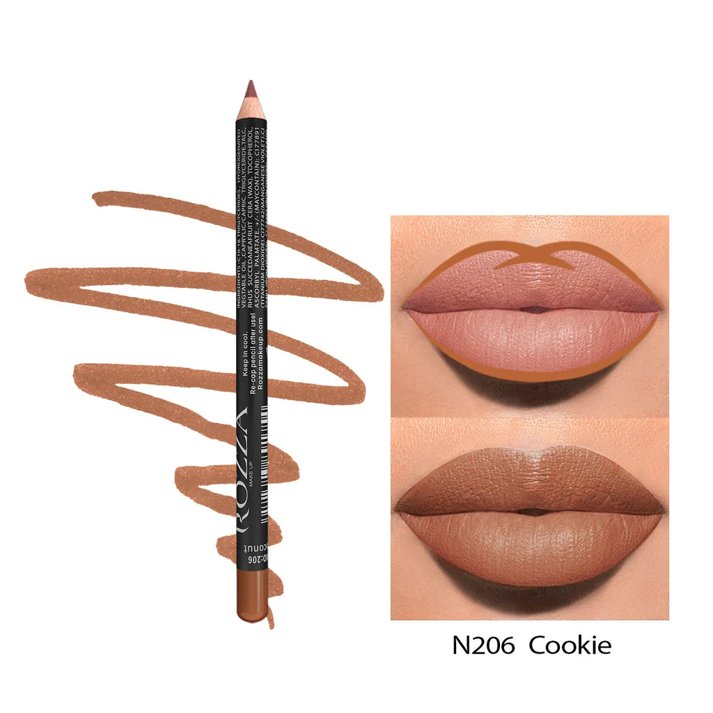 Wood lip liner pencil in matte finish showing shade range from 201 to 214, waterproof and transfer-resistant