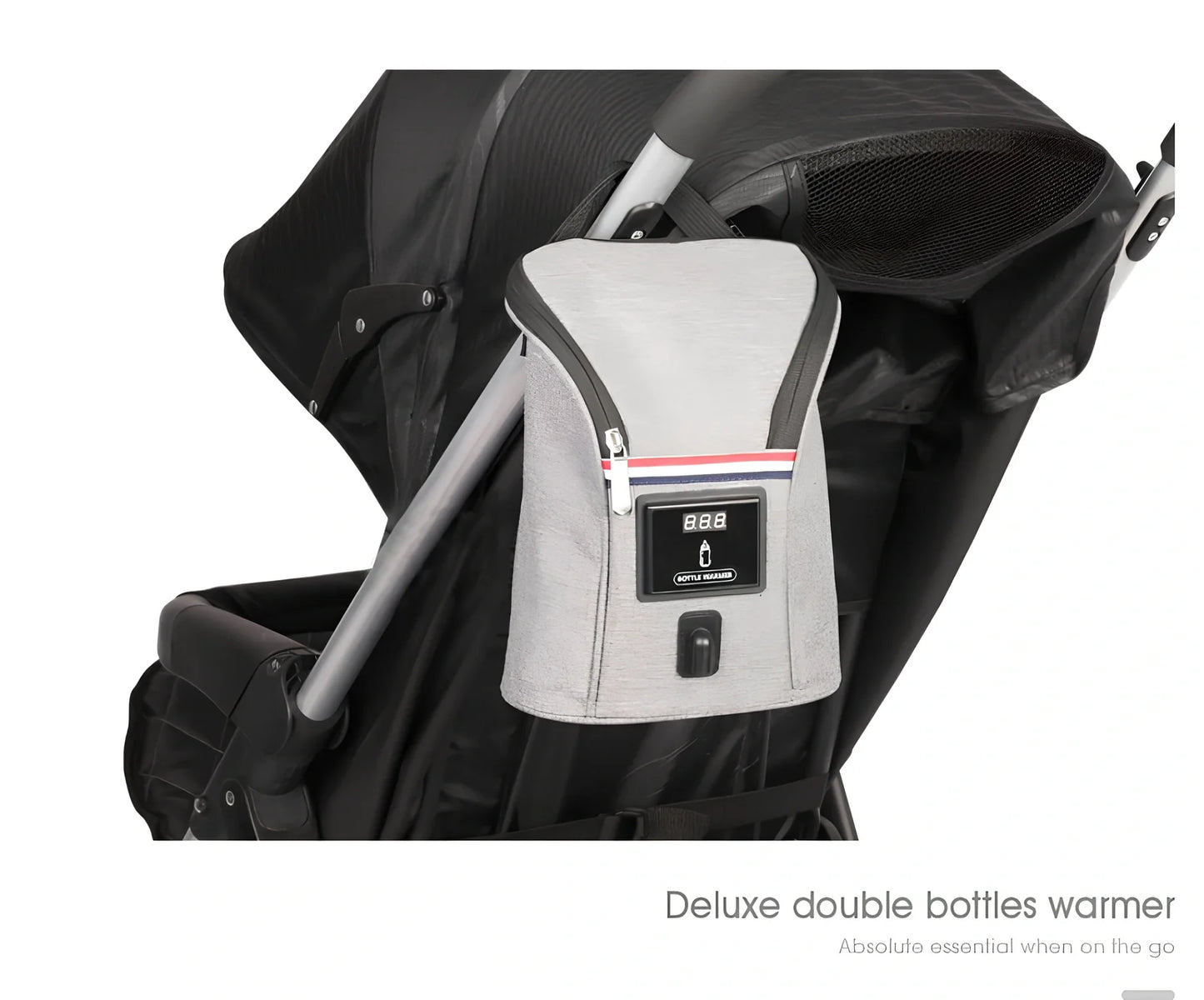 Grey portable baby bottle warmer with electronic display and car charger for 12V vehicle use