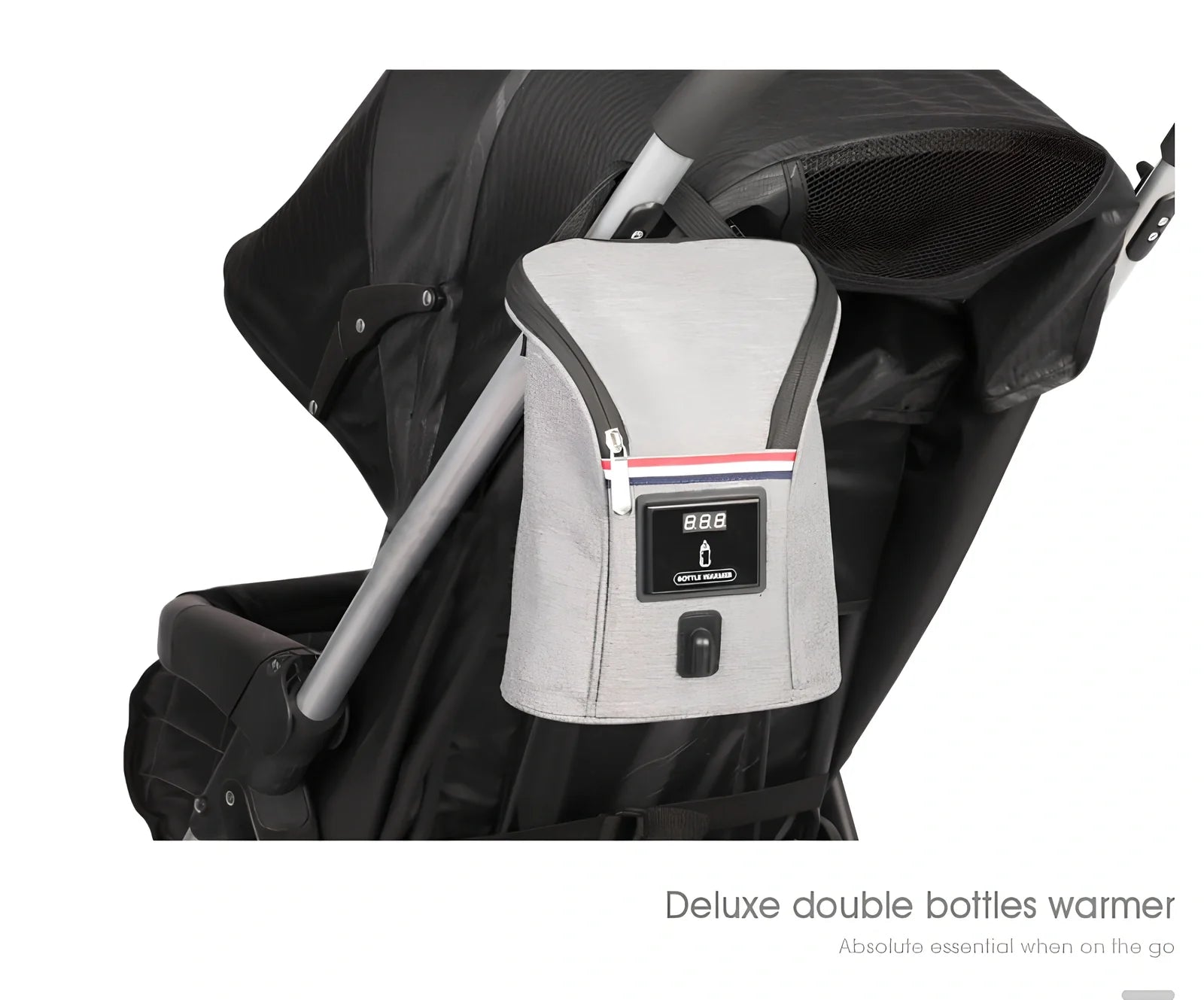 Grey portable baby bottle warmer with electronic display and car charger for 12V vehicle use