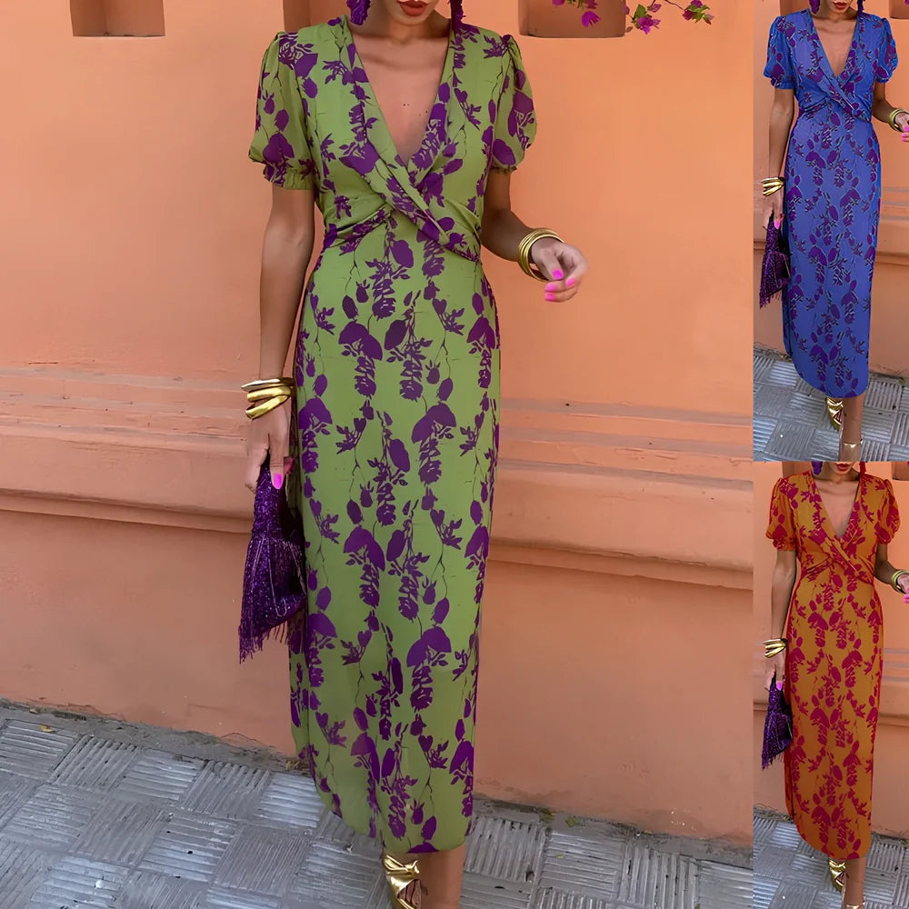 Green floral print V-neck short-sleeved polyester dress, mid-length one-step skirt, sizes S-3XL for women