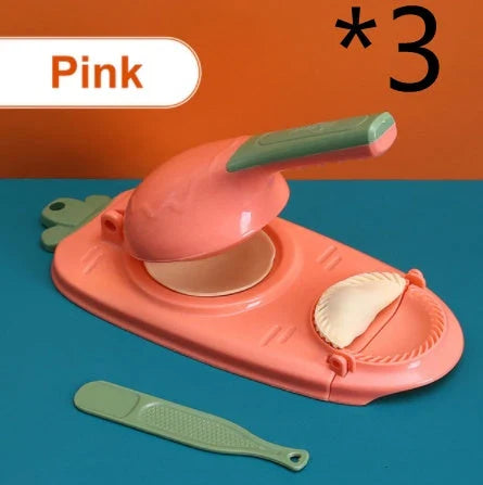 A versatile 2-in-1 kitchen tool for easily pressing dough and forming perfect dumplings, made of durable, food-grade plastic with an ergonomic handle and hanging hole for convenient storage.