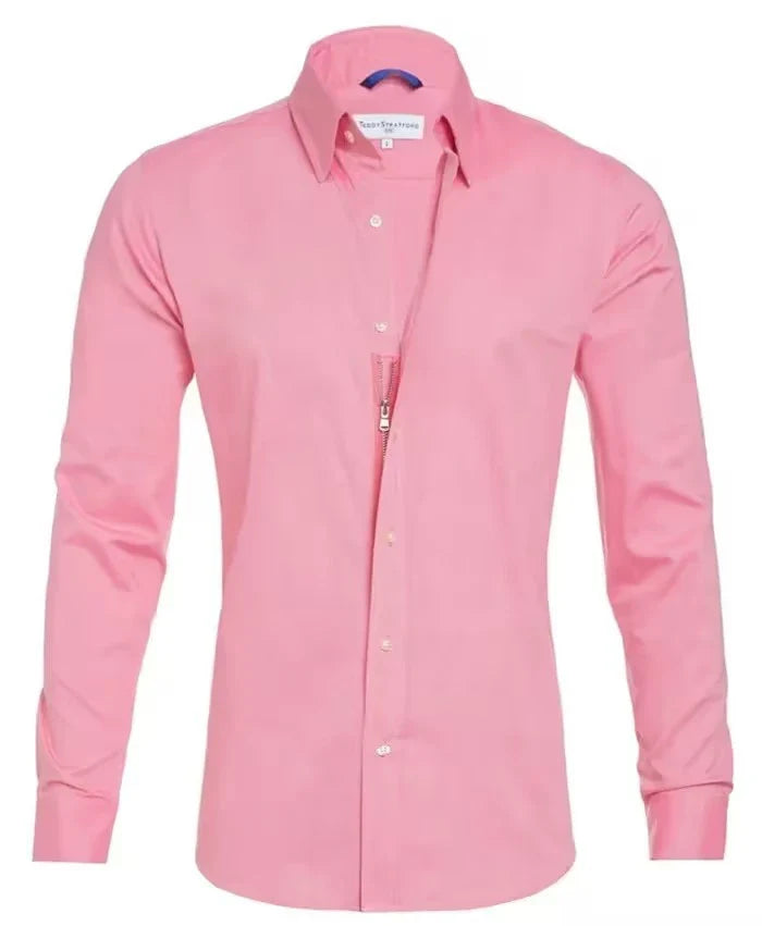 A stylish long sleeve zipper shirt with a button-accented lapel design, made of breathable cotton fabric for men.