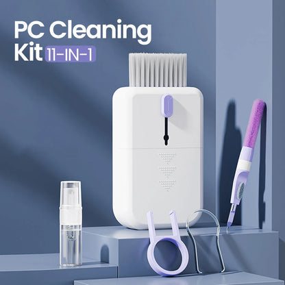 Portable 11-in-1 multifunctional cleaning kit with storage box in white, purple, orange, and blue