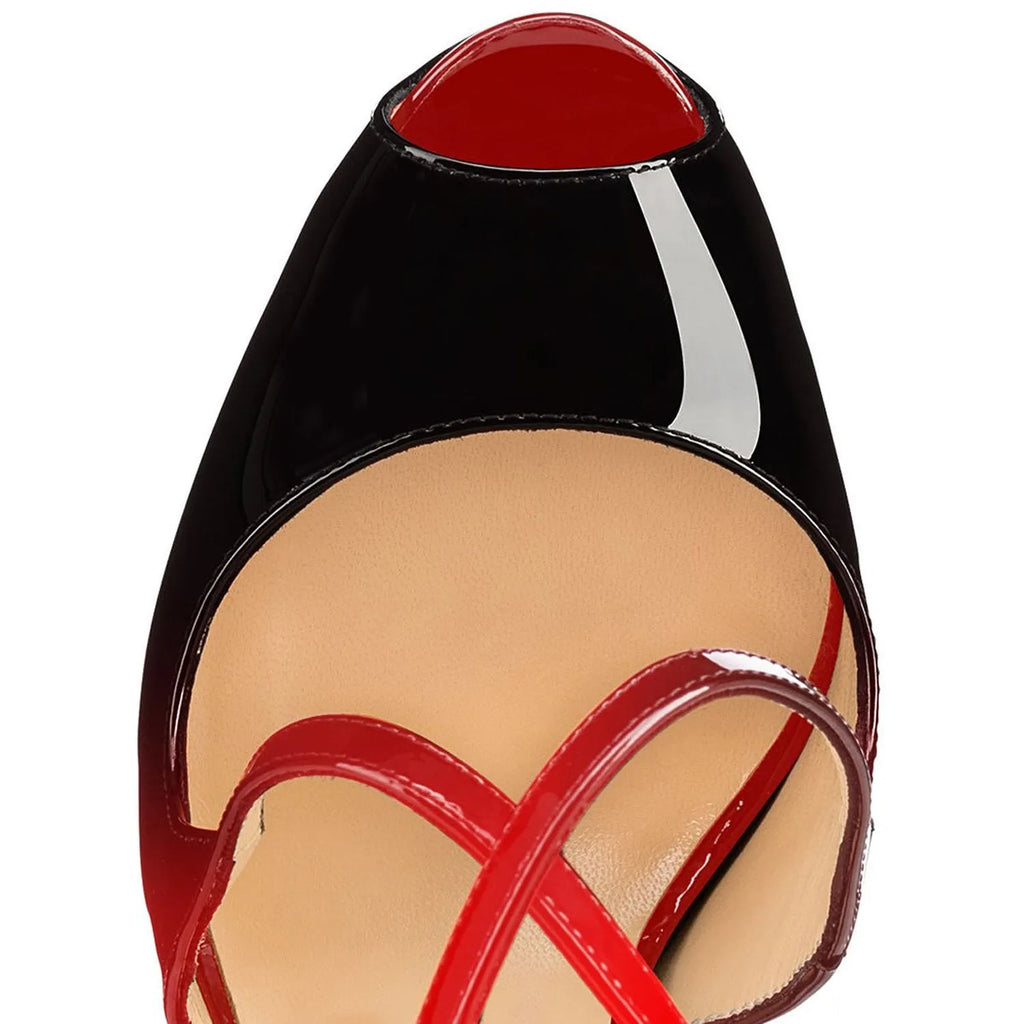 Black and red women's peep toe high heel shoes with a matching cross strap and a high heel.