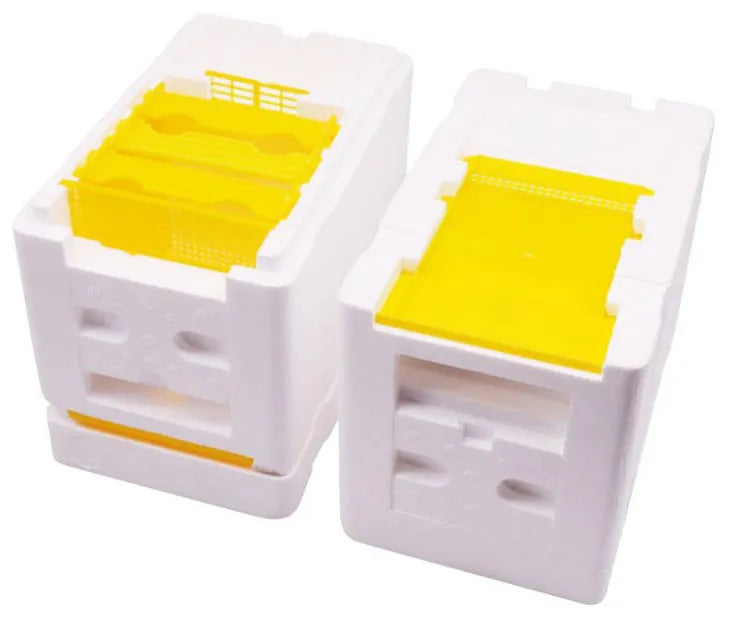 Three white EPS foam bee delivery boxes for hive breeding and pollination management