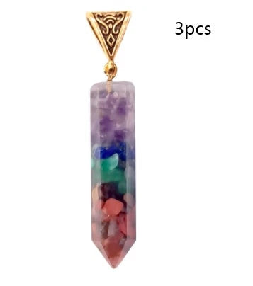 Seven chakra natural crushed stone hexagon column necklace with aura pendant in gold color