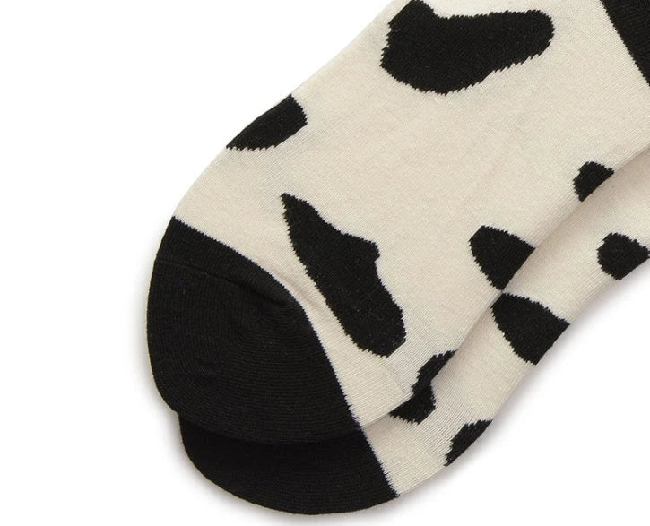 Leopard Dalmatian Black White Cotton Crew Socks with unique print for EU sizes 35-42