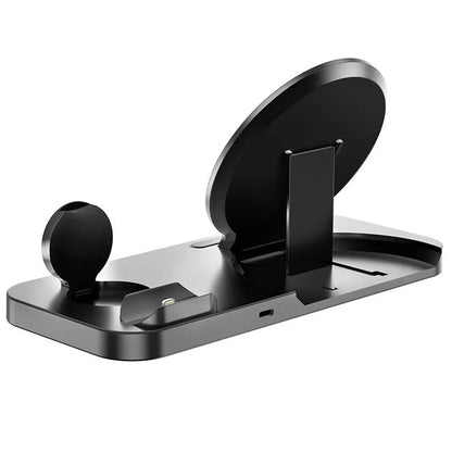 Black 3-in-1 wireless fast charger showing iPhone, Apple Watch and AirPods charging simultaneously on 210mm × 130mm surface