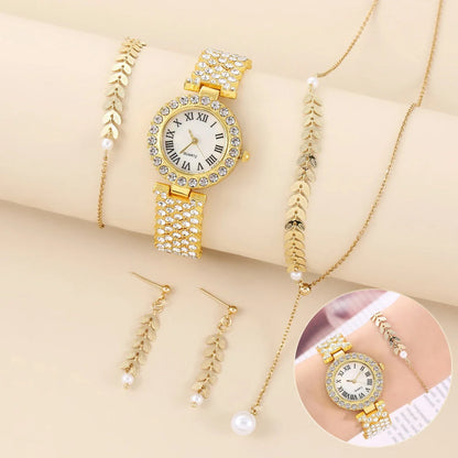 Diamond women's watch with rhinestone quartz bracelet and matching jewellery set