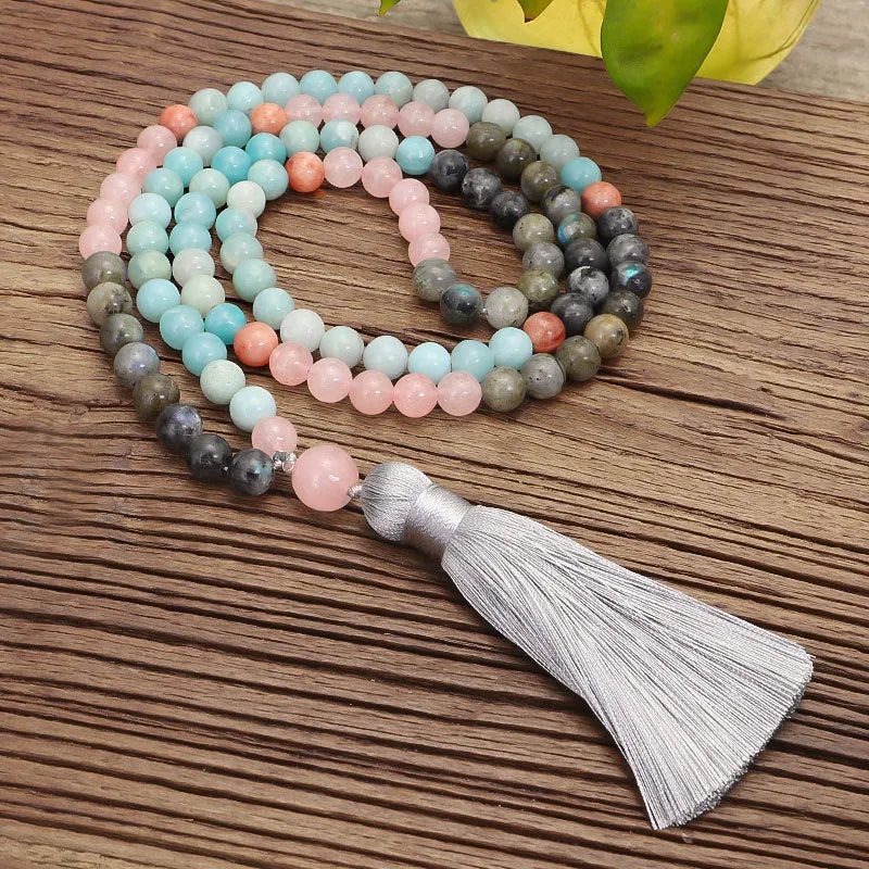 Bohemian stone necklace and bracelet set with colourful pendant and tassel decoration