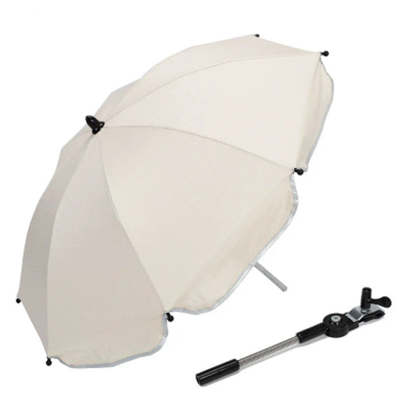 Adjustable 360-degree pram umbrella with UV protection in black, red, pink, and rice white