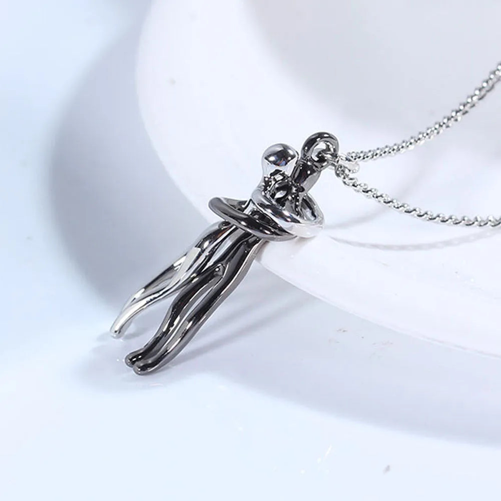 Love Hug unisex brass cartoon pendant necklace with 3cm charm on 40cm chain in gold finish