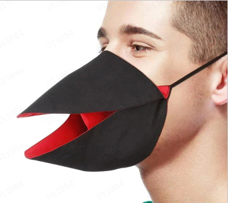 Handcrafted duck design face cover in absorbent cotton, available in black, red, and yellow