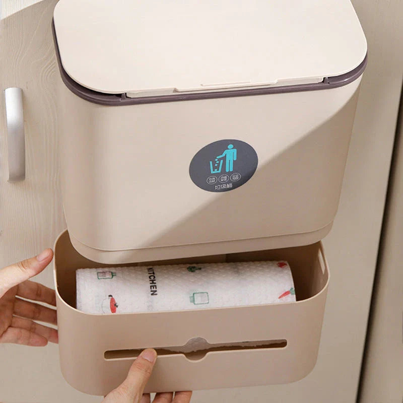 Stylish hanging bin for kitchens with sliding lid and durable plastic construction