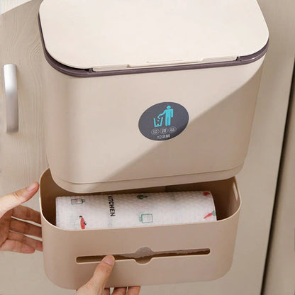 Stylish hanging bin for kitchens with sliding lid and durable plastic construction