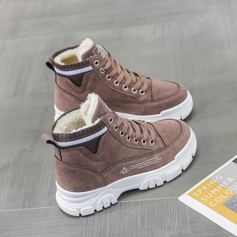 Ladies lace-up fashion sneakers with warm plush lining for winter wear