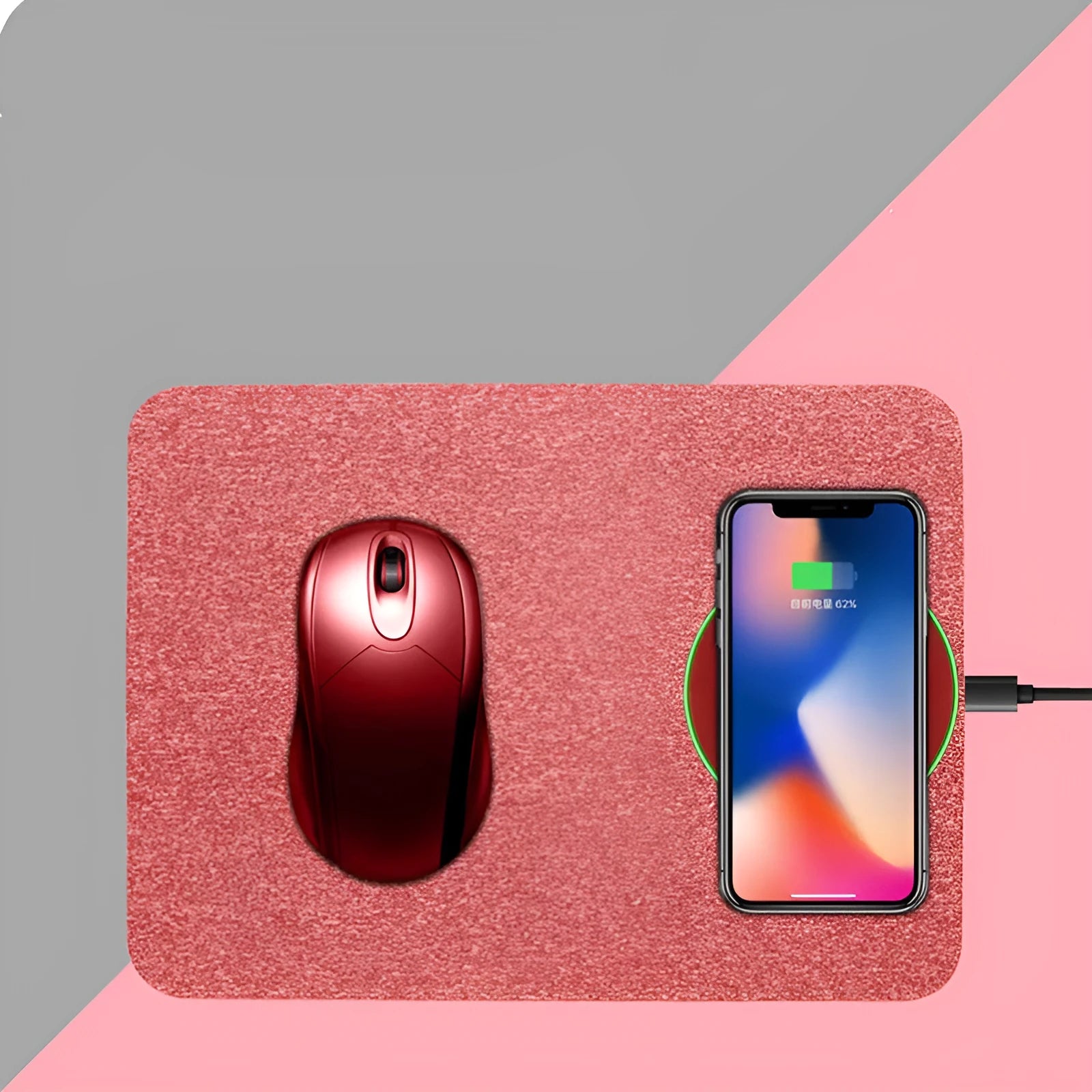 Wireless charging mouse pad in black colour showing cloth surface and charging area for mobile phones