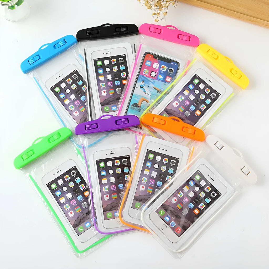 Night light mobile phone waterproof bag in black, 19x10.5cm, PVC and ABS construction with luminous finish