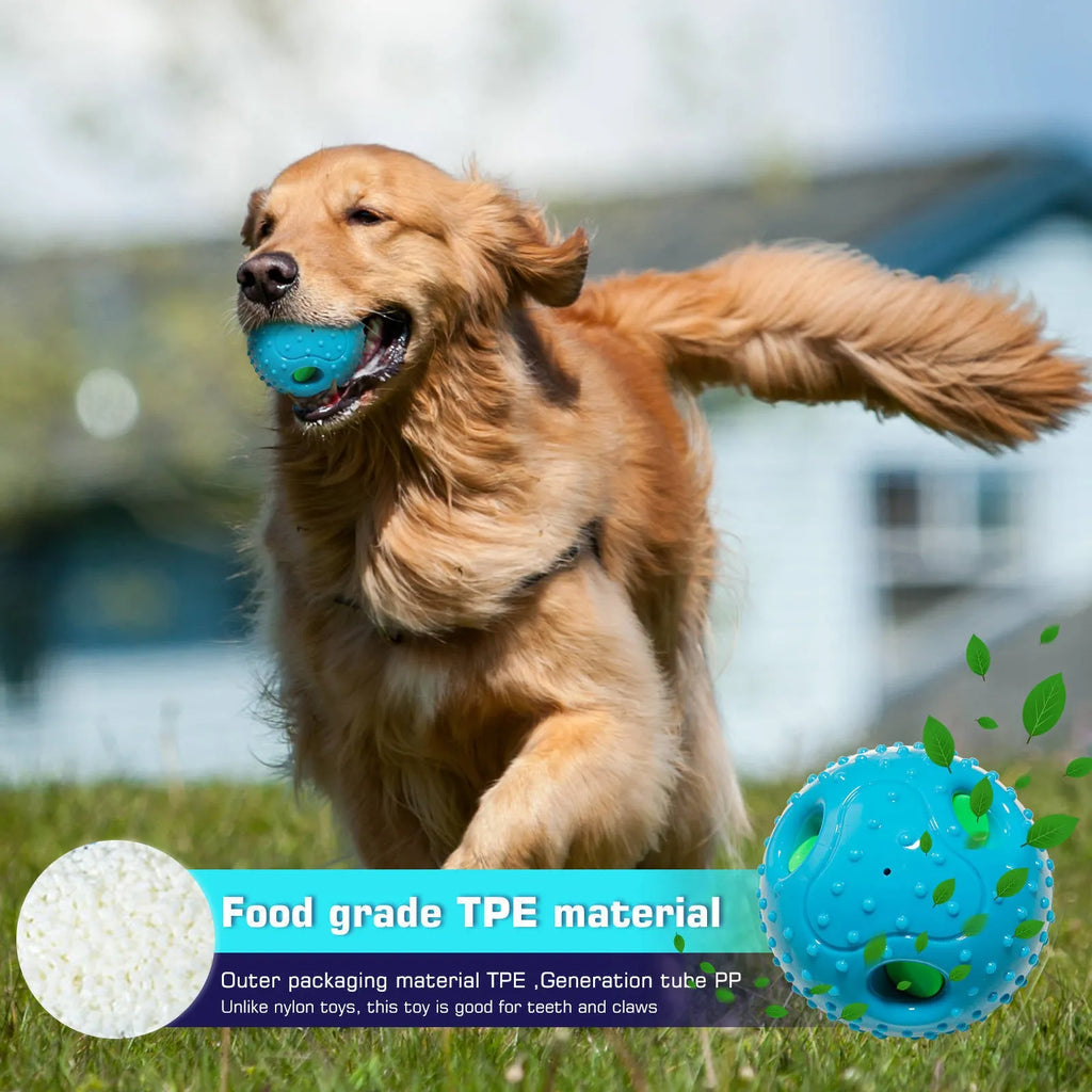 Blue Pet Squall Ball dog toy made from TPR material with 12.5cm diameter placed on grass