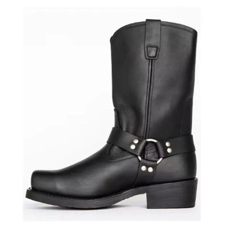Men's high top cowboy boots with belt buckle ring accents in Western style