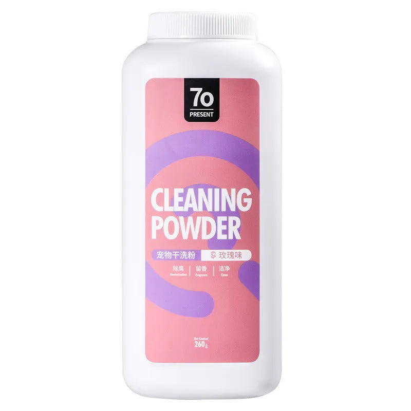 Dog dry cleaning powder container with deodorant formula in rose, orange or menthol flavours
