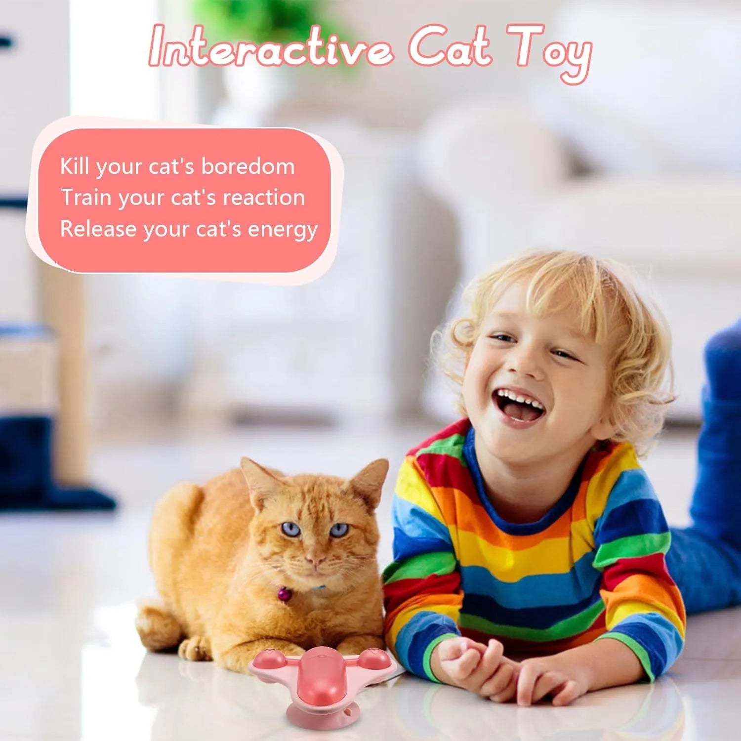 Blue interactive pet puzzle toy with catnip and bell attachments on suction cup base