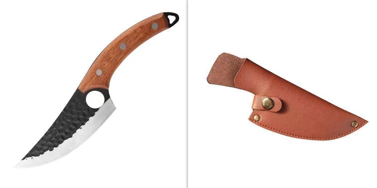 Hand hammered stainless steel boning knife with leather case