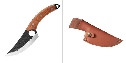 Hand hammered stainless steel boning knife with leather case