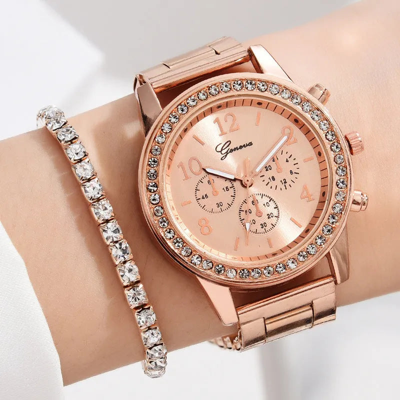 Women's three-eye quartz diamond-embedded watch with alloy strap in rose gold colour
