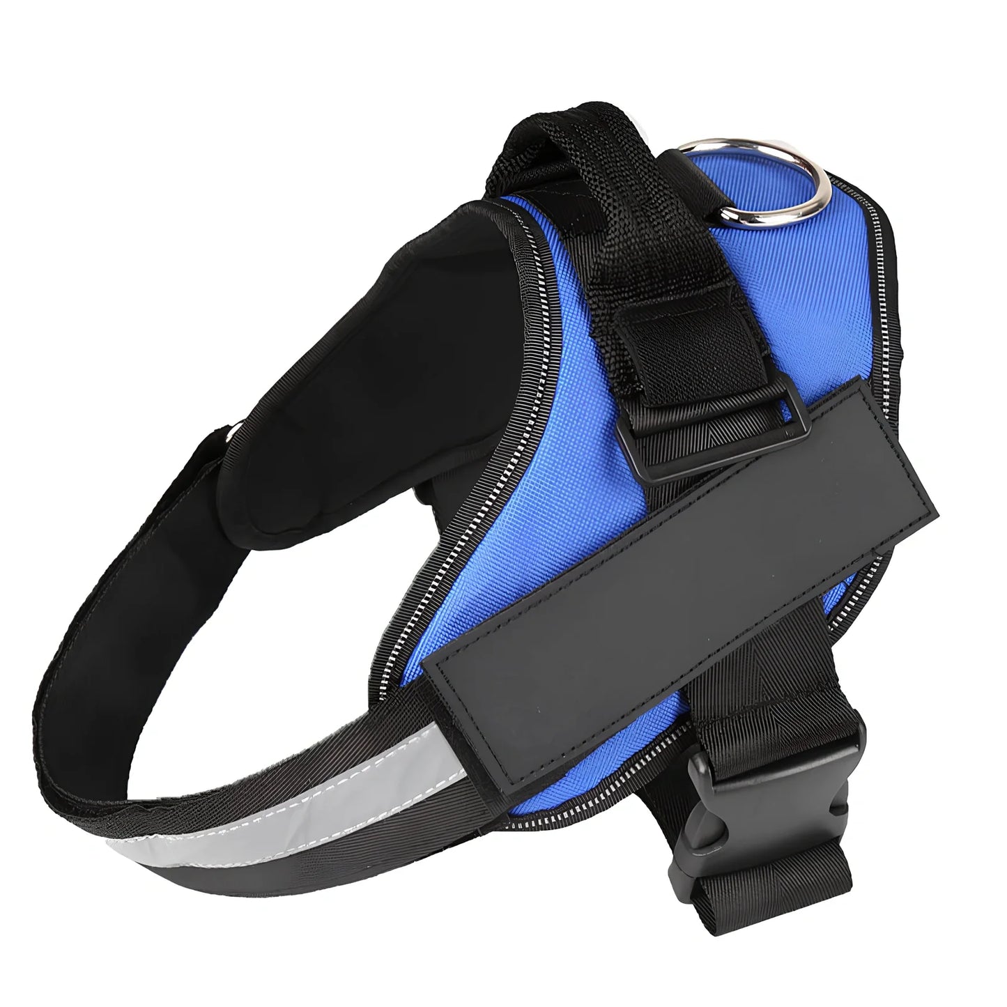 Adjustable reflective dog harness with top handle and metal D-ring for leash attachment