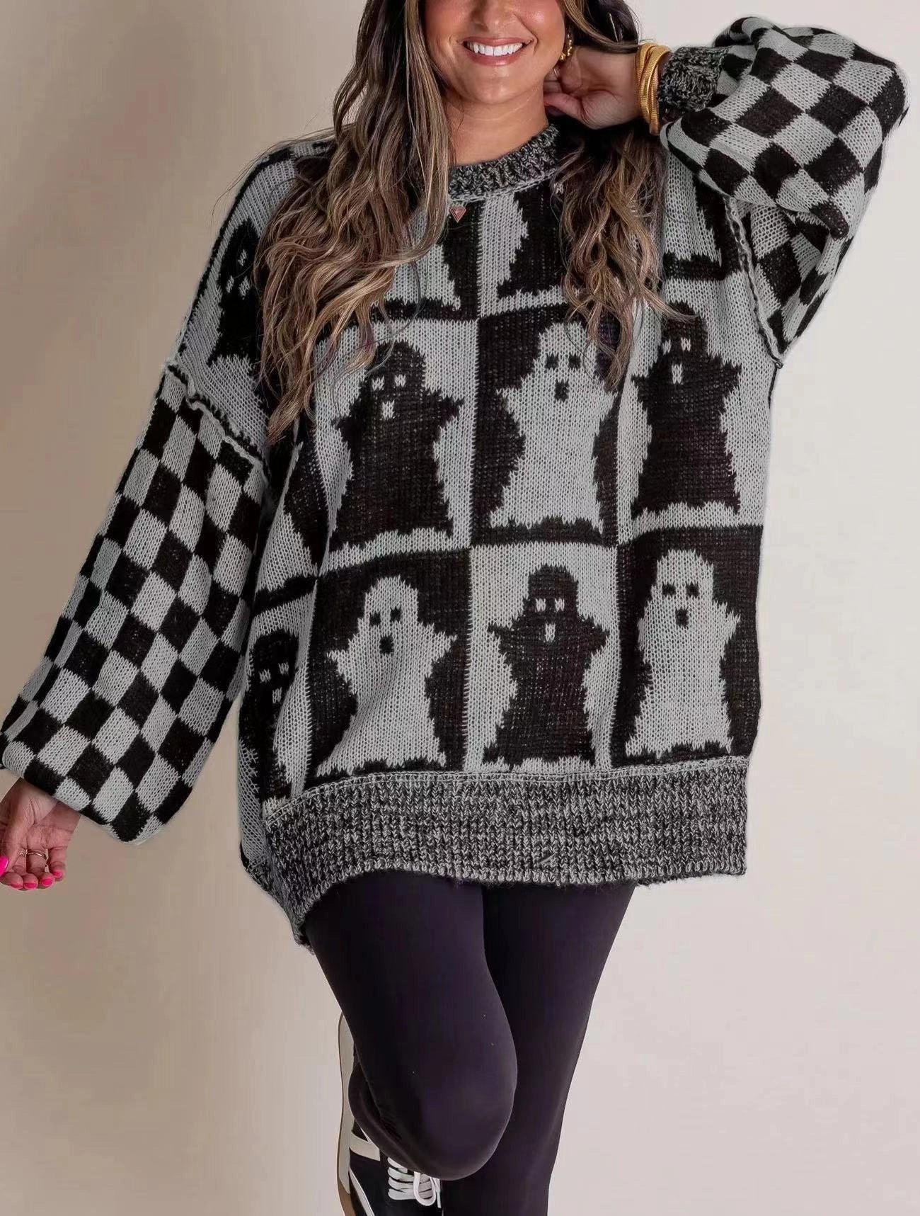 Halloween-themed pumpkin ghost knitted sweater for women in various colours