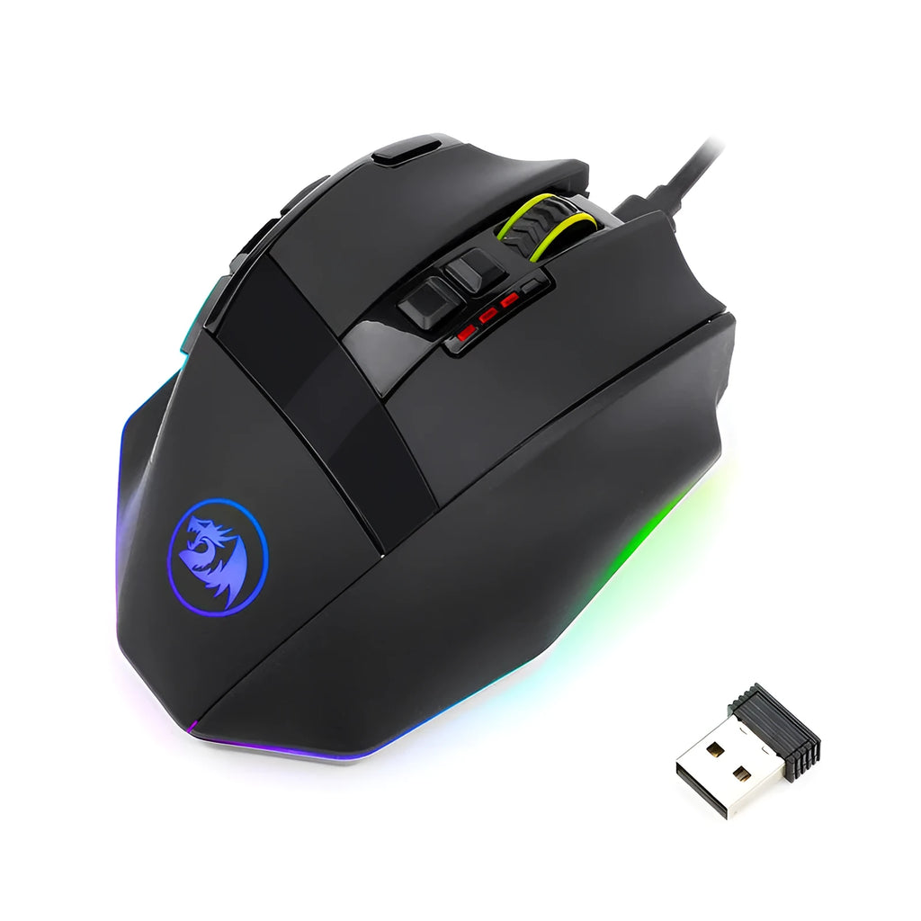 Black Redragon M801P dual mode wireless and wired gaming mouse on a desk.