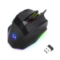 Black Redragon M801P dual mode wireless and wired gaming mouse on a desk.