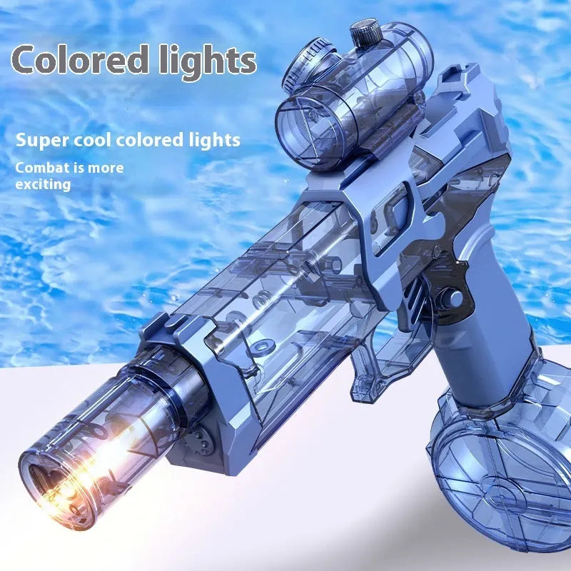 Electric water pistol toy with LED lights in black, blue and red colour options