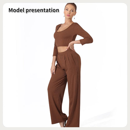 Women's solid colour top and pants set in black or coffee, perfect for versatile styling.