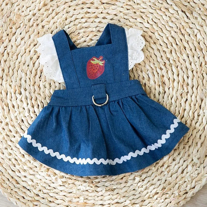 Strawberry print denim dog skirt with traction patches in Bondi Blue colour