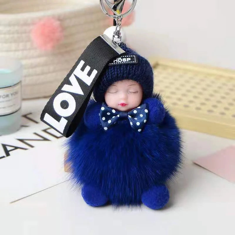 Hand-woven fox fur sleeping doll plush keychain pendant with or without bow