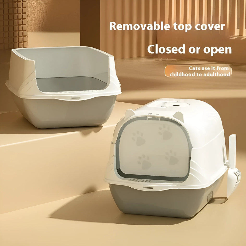Oversized enclosed PP cat litter box in gray with door, for indoor use