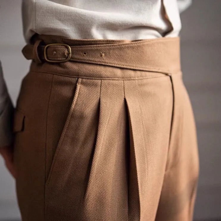 Men's high-waisted straight-leg casual trousers in black polyester fabric on a hanger.