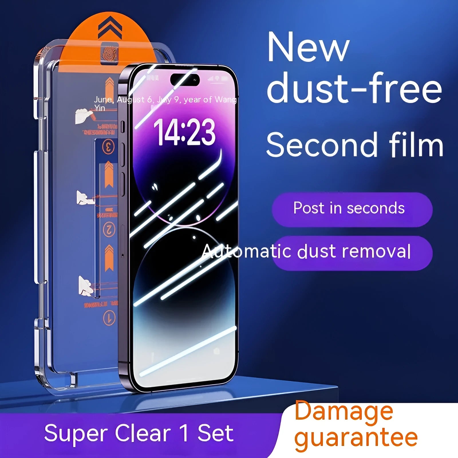 Two-pack dust-free tempered glass screen protector for iPhone, showing HD and privacy variants.