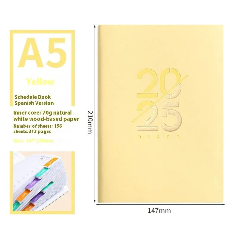 A5 2025 daily planner with soft faux leather cover in blue, green, pink, purple, or yellow.