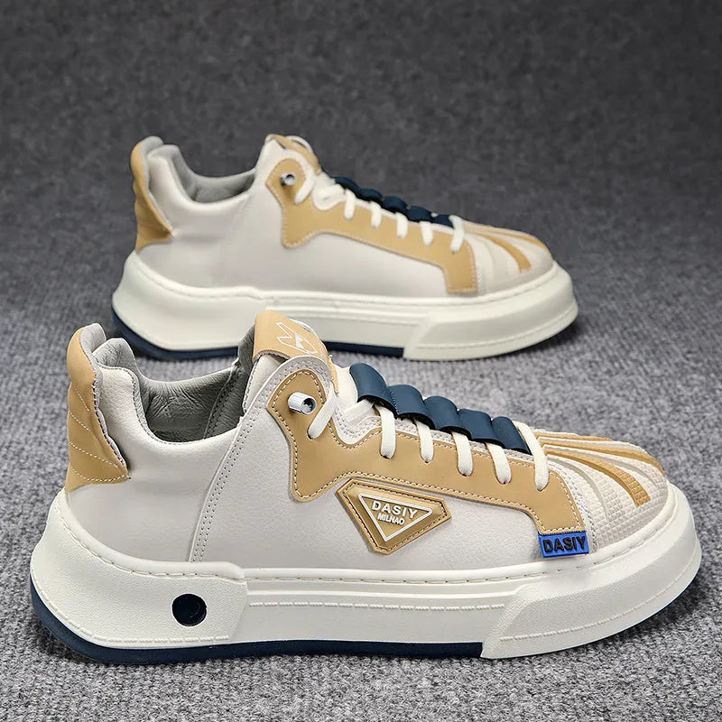 Men's low-top beige sneakers with elastic band and microfiber leather upper