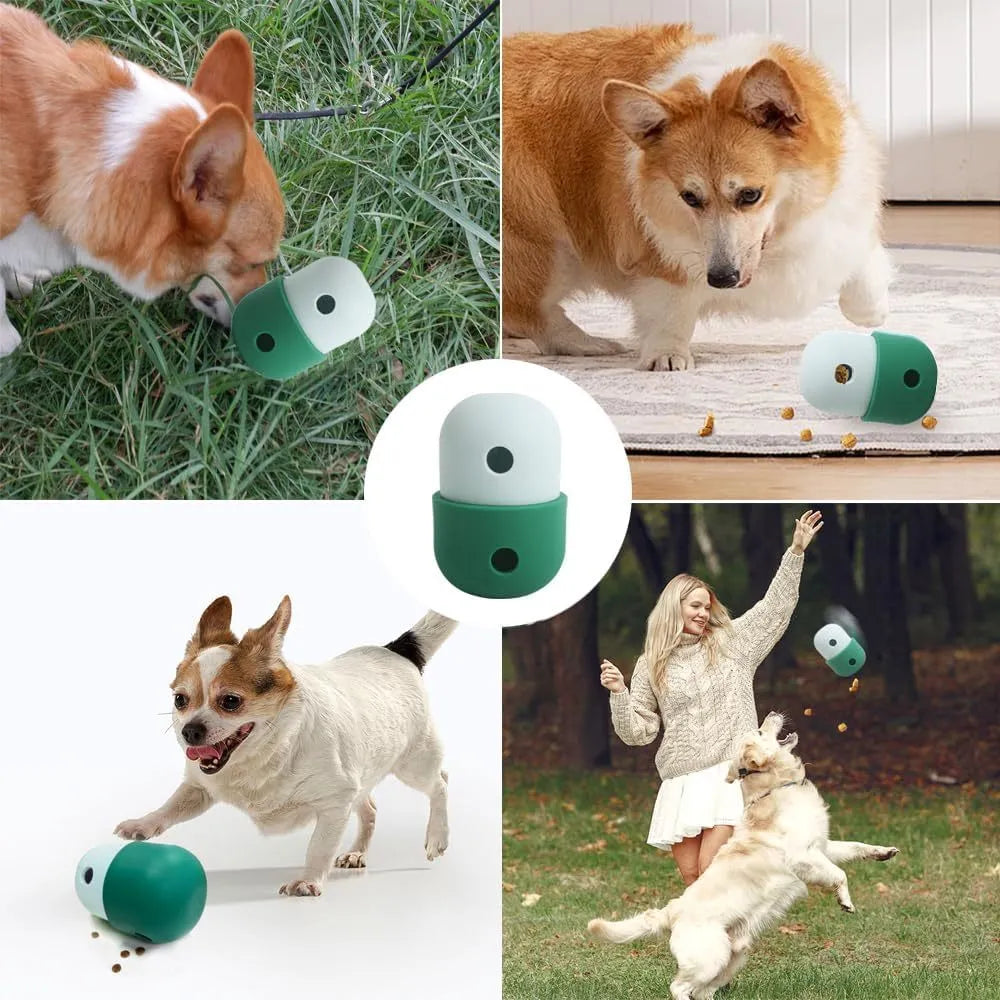 Dog treat puzzle toy in food grade silicone measuring 8x11cm with interactive chase design