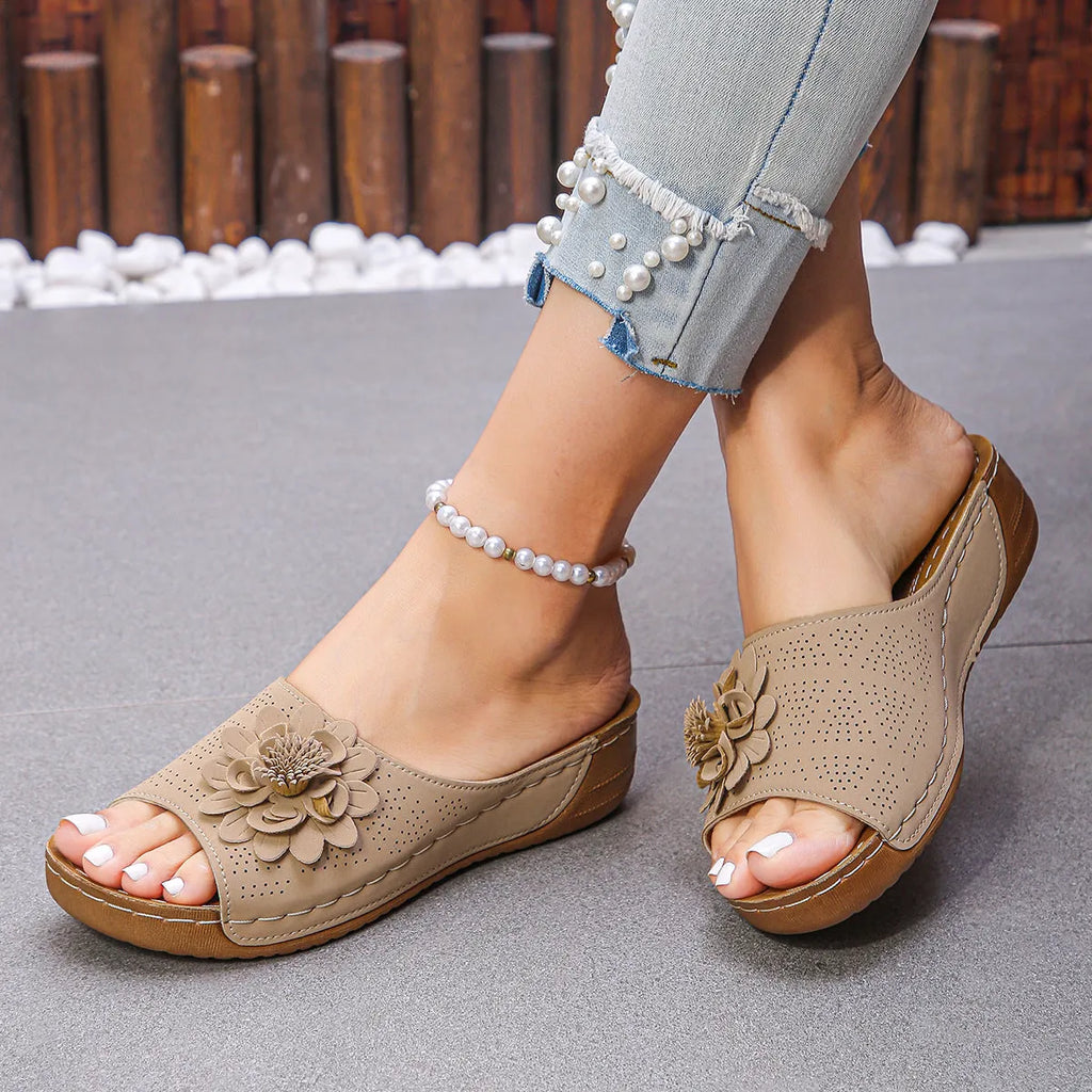 Women's flower wedges sandals with hollow retro cut-out design and fish mouth toe in beige colour