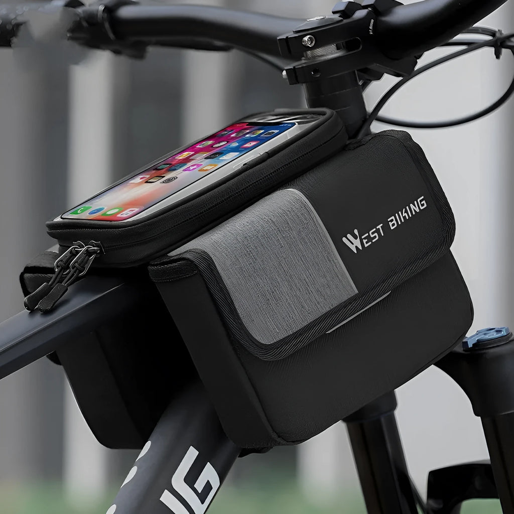 Black and grey Oxford cloth bilateral tube bicycle saddle bag showing 2-litre capacity.