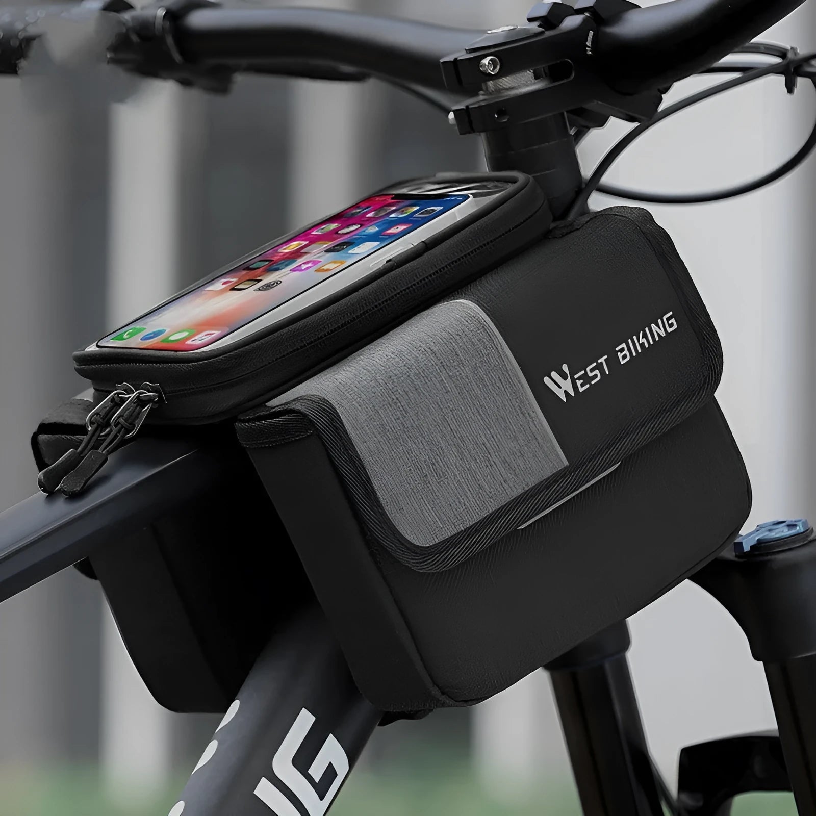 Black and grey Oxford cloth bilateral tube bicycle saddle bag showing 2-litre capacity.