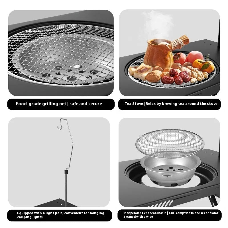Black folding travel barbecue table with steel construction and choice of round or square cooking surface