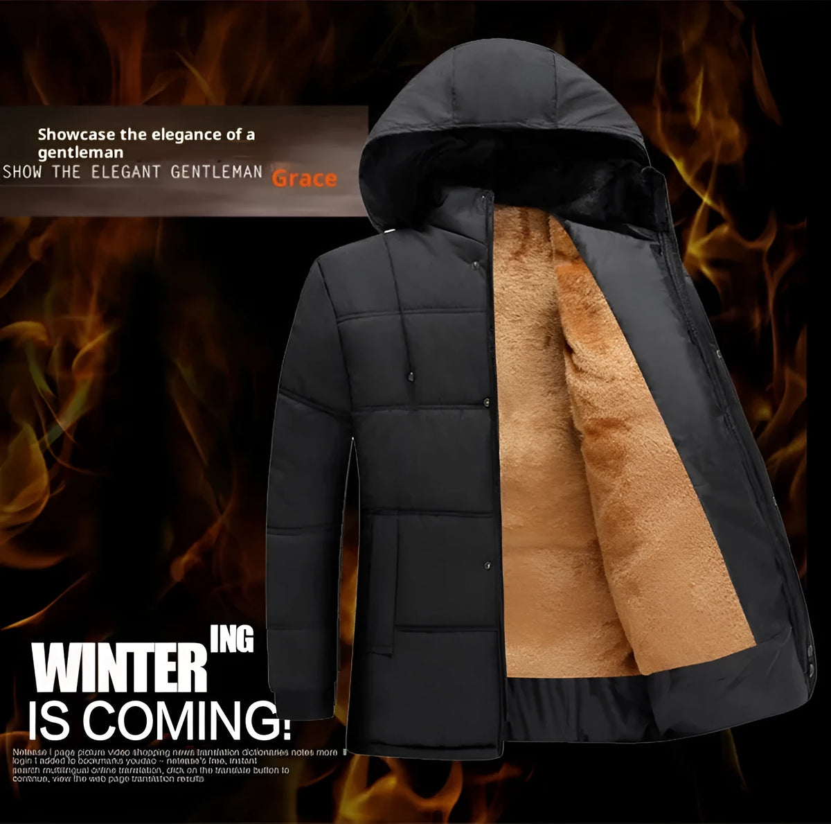 Winter cotton coat jacket for men in gray with detachable hat, loose fit, round hem, polyester fabric