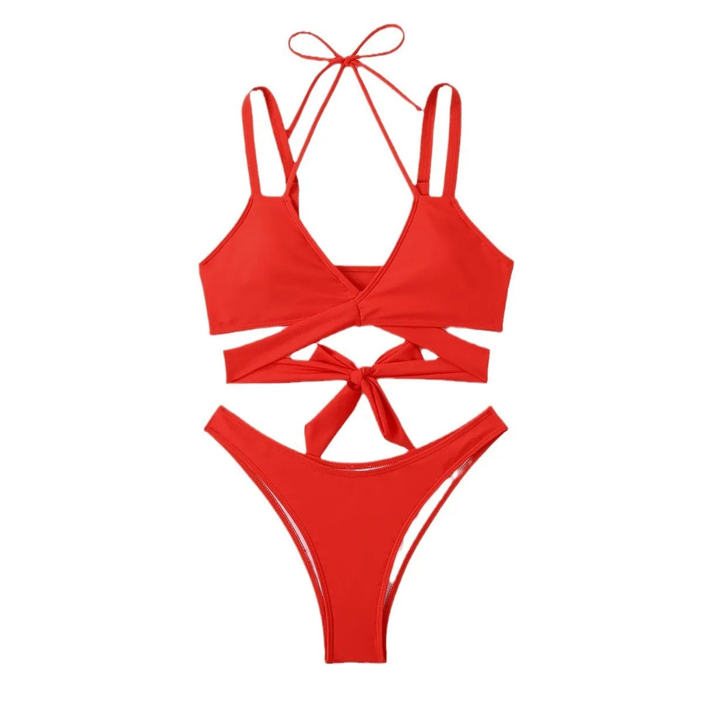 Strapless solid colour women's bikini swimsuit in briefs style, shown in red.