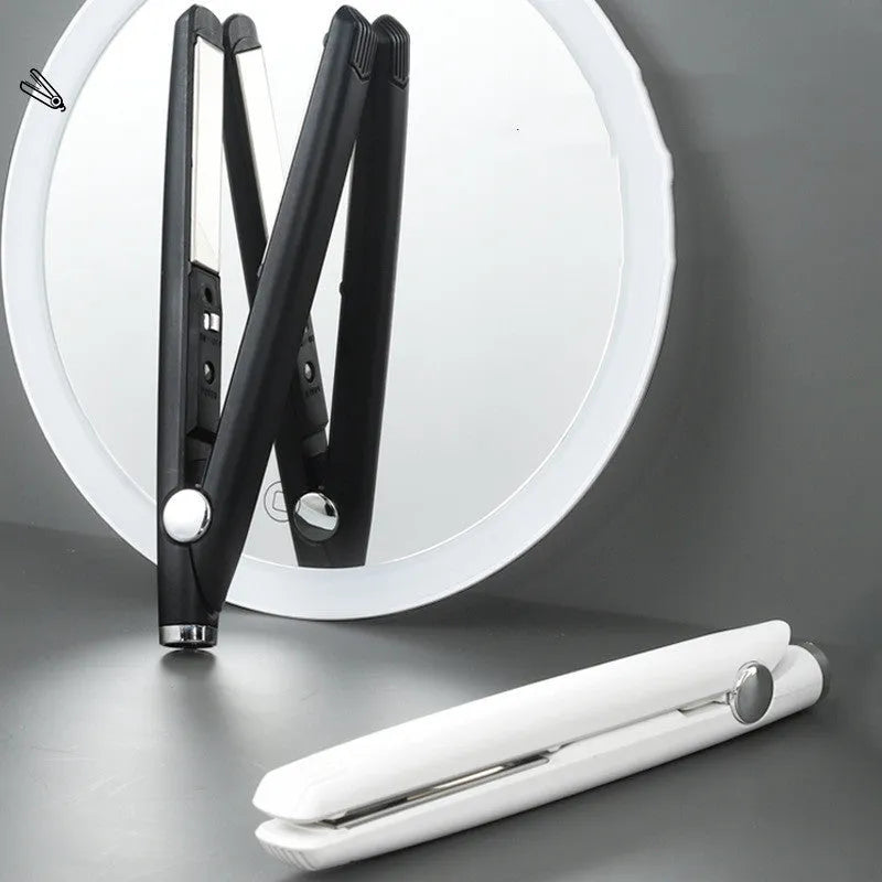 USB mini hair curler and straightener dual-use in black, 2cm by 19cm, with USB cable